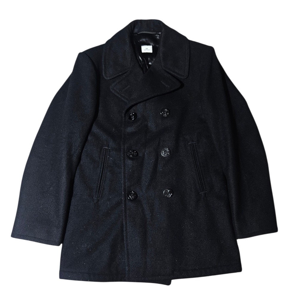 Vintage 80s Original US Navy Button Peacoat Military Heavy Melton Wool 38R Black